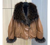 PEACH ACCESSORIES Women's Camel Faux Leather Aviator Jacket with Faux Fur Collar & Cuffs