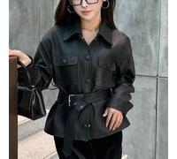PEACH ACCESSORIES Women's Edgy Faux Leather Belted Jacket in Black