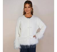 PEACH ACCESSORIES Women's Feather-Trim Cropped Double Row Buttons Cardigan Sweater in Ivory