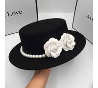 PEACH ACCESSORIES Women's Fedora Hat with Camellia Flowers & Faux Pearl Band in Black