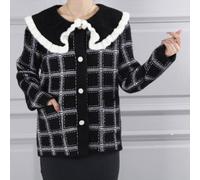 PEACH ACCESSORIES Women's Fuzzy Plaid Cardigan Sweater with Ruffle Collar in Black