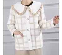 PEACH ACCESSORIES Women's Fuzzy Plaid Cardigan Sweater with Ruffle Collar in Ivory