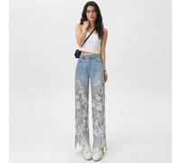 PEACH ACCESSORIES Women's Lace Patchwork Wide Leg Jeans in Blue