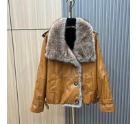 PEACH ACCESSORIES Women's Luxury Faux Fur Trim PU Leather Jacket in Tan