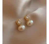 PEACH ACCESSORIES Women's Pearl Drop Earrings with Crystals Details in Gold