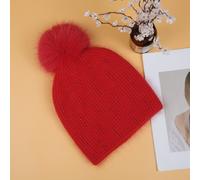 PEACH ACCESSORIES Women's Pearls Details Knit Pompom Hat in Red PEACH ACCESSORIES Red One Size