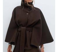 PEACH ACCESSORIES Women's Structured Funnel Neck Belted Cape Jacket in Chocolate