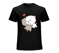Peach and Goma Mochi Cat T-Shirt Kawaii Cartoon Print Tshirt Women's Funny T Shirt Femme Harajuku Couple Clothes 100% Cotton Tee Black L