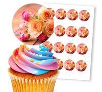 Peach And Pink Roses Floral Design, 16 Wafer Cupcake Stand-Up Toppers