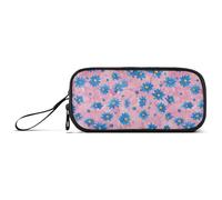 Peach Background with Lots of Little Blue Daisies on It Nylon Pencil Bag College High Capacity Pencil Case for Teen Girls School Stationery for Elementary Adults