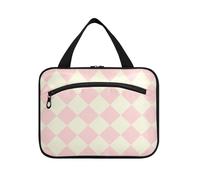 Peach Beige Checker Hanging Make up Bag Organizer with Hook, Designer Accessories Waterproof Cosmetic Bag for Travel Must Haves Trip maletín para maquillaje L