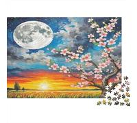 Peach Blossom Heavyweight Paper Cherry Blossoms with Moon And Sunset over Field Jigsaw Puzzle for Seniors Relaxing Secret Santa Gift 70x50cm/1000pcs