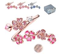 Peach Blossom Ring, Pink/Blue Flower Rings for Women Gemstone Everyday Trendy Bridal Bridesmaid, Adjustable Opening Zircon Fashion Delicate Petal Rings Gifts for Engagement/Birthday (Pink-B-1PC)