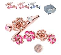Peach Blossom Ring, Pink/Blue Flower Rings for Women Gemstone Everyday Trendy Bridal Bridesmaid, Adjustable Opening Zircon Fashion Delicate Petal Rings Gifts for Engagement/Birthday (Pink-A-1PC)