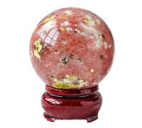 Peach Blossom Stone Ball with Wooden Base, Quartz Crystal Ball Ornament Magic Crystal Orb for Feng Shui, Divination, Home Decor,45~50mm
