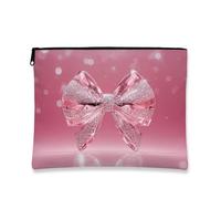 Peach Bow Makeup Bag, Sparkling Rhinestone Elegant Cosmetic Travel Pouch for Women, Portable Zipper Organizer, Romantic Holiday Gift Skincare Toiletry Bag, Peach, 7x9 Inch, Bow