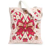 Peach Candy Cane Holiday Theme Christmas Canvas Tote Bag 13x15 Inch | Crossed Candy Canes, Large Decorative Bow, Miniature Gift Boxes, Holly Foliage, Seasonal Peach Palette