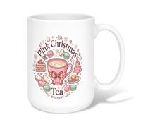 Peach Christmas Tea Cake Illustration Macarons Ceramic Coffee Mug 15oz | Pastel Color Palette, Coffee Cup, Fanciful Dessert Illustration, Cozy Seasonal Motif, Hand Wash Recommended