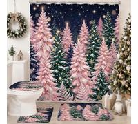 Peach Christmas Winter Forest Pine Trees Shower Curtain Sets