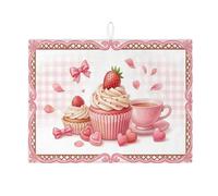 Peach Cupcake Dish Drying Mats for Kitchen Counter, Sweet Floral Absorbent Dish Drainer Rack Mat, Spring Microfiber Drying Pad for Coffee Bar Protector 18x24 Inch