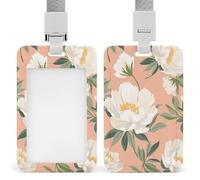 Peach Floral Pattern White Peonies ID Badge Holder Retractable Clip Card Holder Card Protector Name Badge Name Tag for Work Office Doctor Nurse