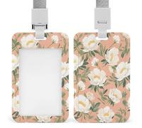 Peach Floral White Peonies ID Badge Holder Retractable Clip Card Holder Card Protector Name Badge Name Tag for Work Office Doctor Nurse