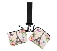 Peach Flowers Romantic Eiffel Tower Women's Coin Pouches Card Holder Slim Detachable Business Card Case Money Organizer with Zipper Coin Pocket for Ladies 2 Packs tarjetas de crédito para, peach