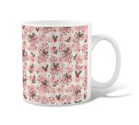 Peach Gingham Candy Cane Pattern Canes Christmas Ceramic Coffee Mug 11oz | Gingham Pattern, Drinking Cup, Bow Accents, Holly Leaves, Fanciful Seasonal Theme, Cozy Beverage Accessory