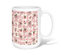Peach Gingham Candy Cane Pattern Canes Christmas Ceramic Coffee Mug 15oz | Gingham Pattern, Drinking Cup, Bow Accents, Holly Leaves, Fanciful Seasonal Theme, Cozy Beverage Accessory