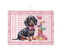 Peach Gingham Dog Dish Drying Mats for Kitchen, Cute Dachshund Cake Absorbent Dish Mat, Spring Floral Microfiber Drying Pad for Counter Decor 18x24 Inch