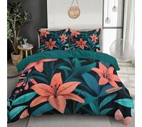 Peach Green Lily Leaves Comforter Cover Set For Boys Girls Adults Duvet Cover Elegant Plants Bedding Set Quilt Cover Bedroom Decor 3Pcs Bedcloths With 2 Pillowcases King 230X220Cm