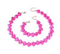 Peach Heart Beaded Bracelet Necklace Set for Women - Acrylic Chunky Hearts Adjustable Chain Choker Necklaces Wrist Bracelets Romantic Fashion Hearted Love Jewelry Statement for Lover Her Friends 2Pcs