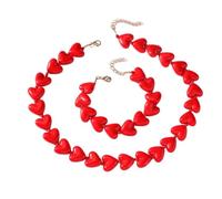 Peach Heart Beaded Bracelet Necklace Set for Women - Acrylic Chunky Hearts Adjustable Chain Choker Necklaces Wrist Bracelets Romantic Fashion Hearted Love Jewelry Statement for Lover Her Friends 2Pcs