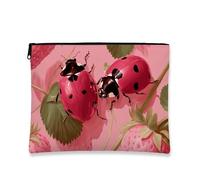 Peach Ladybug Makeup Bag, Cute Insect Pattern Cosmetic Travel Pouch for Women, Portable Small Canvas Zipper Organizer, Spring Gift Skincare Toiletry Case 7x9 Inch