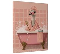 Peach Ostrich Bath Canvas Wall Art, Cute Bird Bathroom Decor, Fun Animal Print for Living Room, Bedroom, Bathroom, Dorm, Wrapped Canvas 12x16 Inch