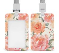 Peach Peony Badge Holder with Lanyard, Vertical ABS Plastic ID Card Holder Fashion Name Badge Holders Office ID Card Protector for Teacher Nurse Employee Security Staff