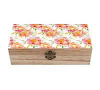 Peach Peony Flowers Watercolor Wooden Storage Box Decorative Keepsake Boxes Jewelry Organizer Gifts with Hinged Lid