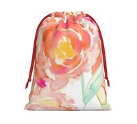 Peach Peony Print Christmas Drawstring Gift Bags, Xmas Holiday Fabric Gift Wrapping Bag For Party, Size-L