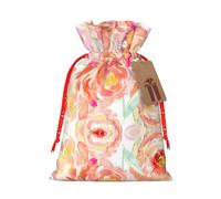 Peach Peony Print Festive Red Drawstring Bag, Small Favors Pouch Ideal For Christmas Party Gifting-S Size