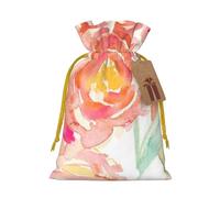 Peach Peony Printed Christmas Drawstring Bags with Yellow Christmas Ribbon - Reusable Burlap Drawstring Gift Pouches, M