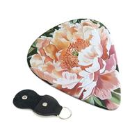 Peach Peony Printed Guitar Picks, 6 Pack with Leather Keychain Pick Holder - 0.46mm, 0.71mm, 0.96mm Assorted Thickness for Acoustic Ukulele, Electric Guitar, Acoustic Guitar, Bass