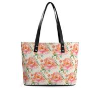 Peach Peony Tote Bag Large Soft Leather Purse with Zipper Lightweight Ladies Shoulder Handbag