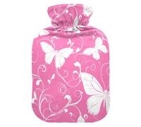Peach Plants Butterfly White Silhouette hot-Water Bottle with Soft Cover, 1L hot compresses for The Body for Neck Shoulder Warmer,Neck Shoulder Warmer,Bolsa para agua Caliente para Dolor