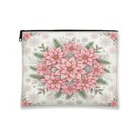 Peach Poinsettia Floral Christmas Makeup Bag 7x9 Inch | Soft Peach Poinsettia Illustration, Cosmetic Bag, Winter Botanical Motif, Silver Snowflake Accents, Pine And Holly Foliage