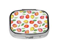 Peach Print Leaf Print Square Metal Pill Box Decorative Pill Case - Carry Your Meds in Style (Rectangular)