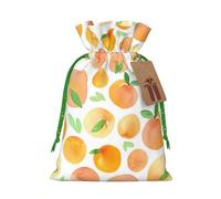 Peach Printed Christmas Drawstring Bags with Green Christmas Ribbon - Reusable Burlap Drawstring Gift Pouches, S