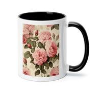Peach Roses on Pattern Ceramic Coffee Mug with Handle 11 Ounces, Porcelain Mug Coffee Cup Tea Mug Water Cup Ideal for Coffee,Tea,Latte,Cappuccino,Microwave & Dishwasher Safe Unique Gift Cup