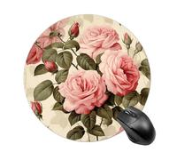 Peach Roses on Pattern Round Mouse Pad, Non-Slip Rubber Base Waterproof Washable, Computer Mouse Mat for Office Gaming Studying, Premium-Textured Durable Portable Circle Mousepad for Desktop PC Notebo