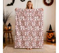 Peach Skeleton Bows Halloween Pattern Throw Blanket 40x50 Inch | Cute Skeleton Motifs, Flannel Blanket, Feminine Leopard Print, Decorative Bow Accents, Cozy Autumn Layering