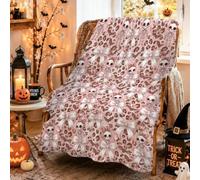 Peach Skeleton Bows Halloween Pattern Throw Blanket 40x60 Inch | Cute Skeleton Motifs, Flannel Blanket, Feminine Leopard Print, Decorative Bow Accents, Cozy Autumn Layering